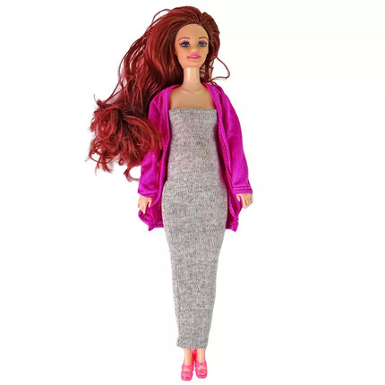 Nėščia lėlė kūdikis ilgais plaukais priedai