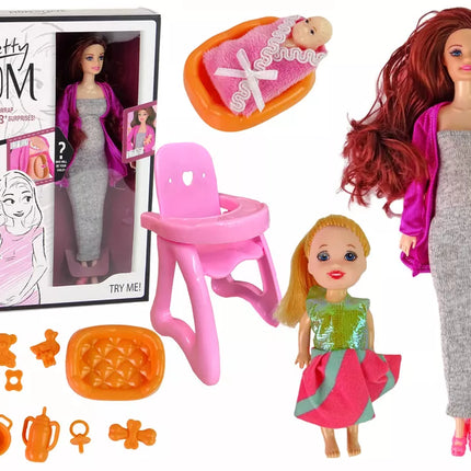 Nėščia lėlė kūdikis ilgais plaukais priedai