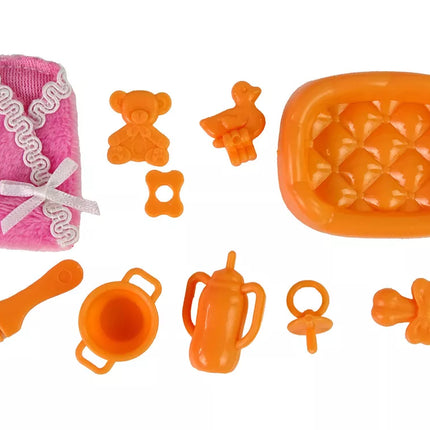 Nėščia lėlė kūdikis ilgais plaukais priedai