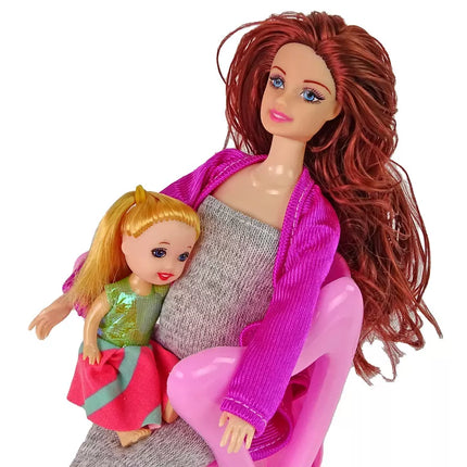 Nėščia lėlė kūdikis ilgais plaukais priedai