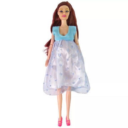 Lėlė su nėščiosios mėlyna suknele