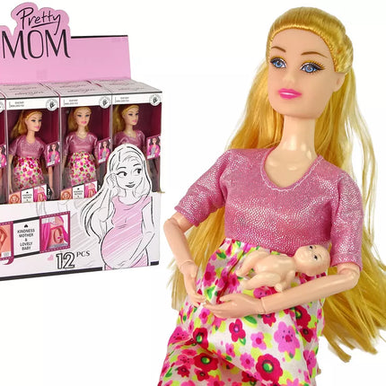 Lėlė kūdikis nėščia rožinė suknelė gėlės