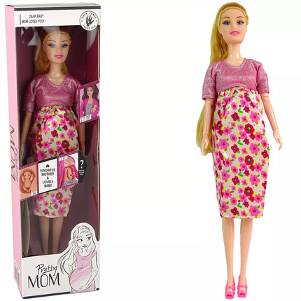 Lėlė kūdikis nėščia rožinė suknelė gėlės