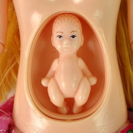 Lėlė kūdikis nėščia rožinė suknelė gėlės