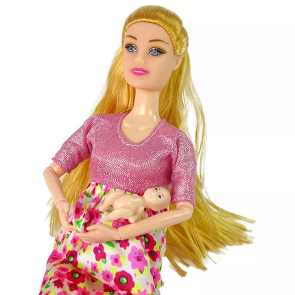 Lėlė kūdikis nėščia rožinė suknelė gėlės