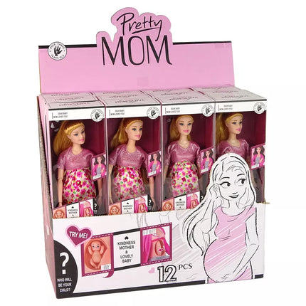 Lėlė kūdikis nėščia rožinė suknelė gėlės