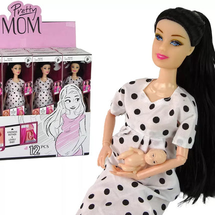 Lėlė nėščia su kūdikiu, vilkinti balta suknele