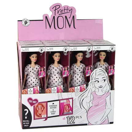 Lėlė nėščia su kūdikiu, vilkinti balta suknele