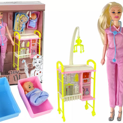 Vaikiška lėlė-gydytoja su ilgais plaukais ir priedais