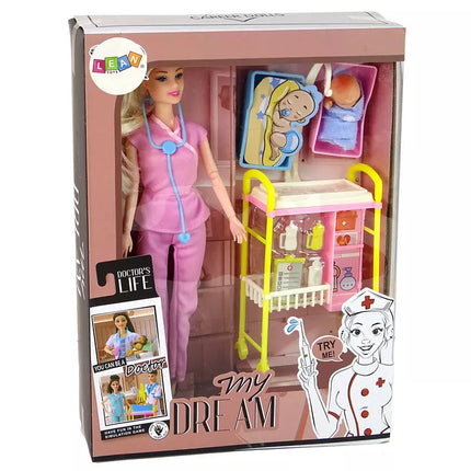 Vaikiška lėlė-gydytoja su ilgais plaukais ir priedais