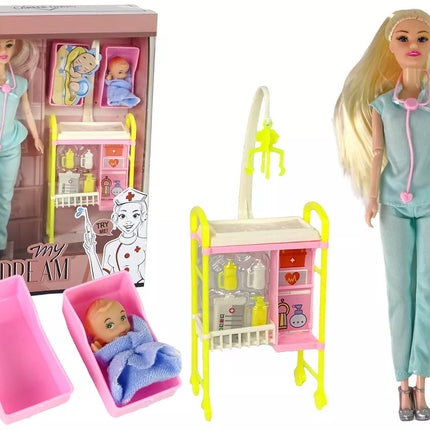 Vaikiška lėlė-gydytoja su ilgais plaukais ir priedais