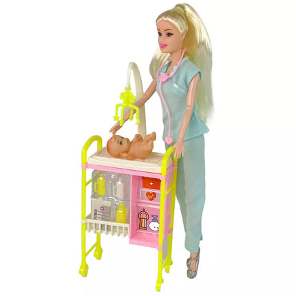 Vaikiška lėlė-gydytoja su ilgais plaukais ir priedais