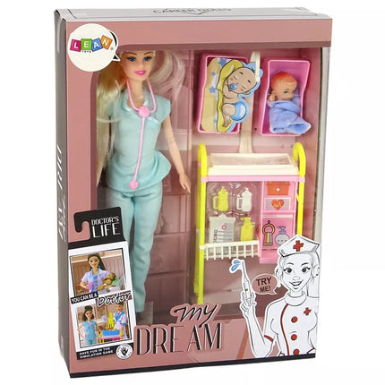 Vaikiška lėlė-gydytoja su ilgais plaukais ir priedais