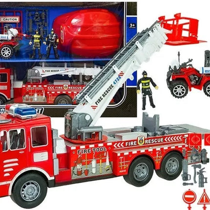 Didelis priešgaisrinės tarnybos rinkinys: ugniagesių mašina, figūrėlės, keturratis, šalmas vaikams