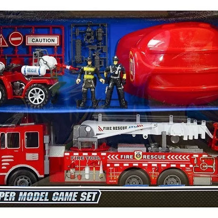 Didelis priešgaisrinės tarnybos rinkinys: ugniagesių mašina, figūrėlės, keturratis, šalmas vaikams