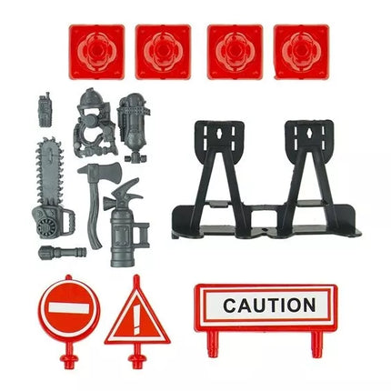 Didelis priešgaisrinės tarnybos rinkinys: ugniagesių mašina, figūrėlės, keturratis, šalmas vaikams