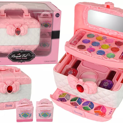 Grožio dėžutės rinkinys, akių šešėliai, nagų lakai, rožinė, balta