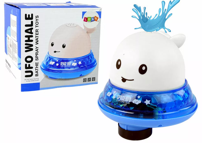 Banginis, purškiantis vandenį su stovu, baltas vonios žaislas