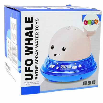 Banginis, purškiantis vandenį su stovu, baltas vonios žaislas