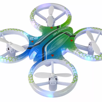 Nuotoliniu būdu valdomas dronas su spalvingomis šviesomis