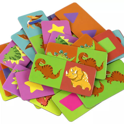 Loginis žaidimas, dvipusės dėlionės domino, dinozaurai, 10 cm x 5 cm, 28 detalės.