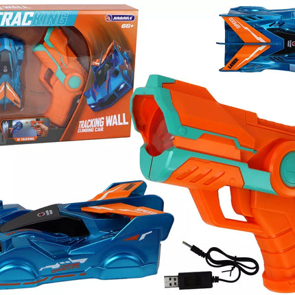 Automobilis, važiuojantis sienomis su mėlynu lazeriu