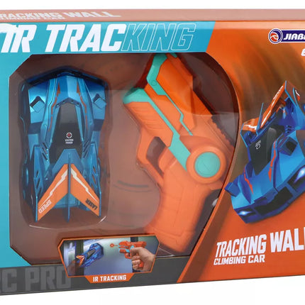 Automobilis, važiuojantis sienomis su mėlynu lazeriu