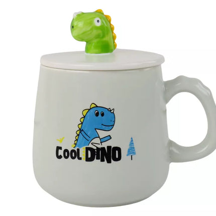 Mėlynas keramikinis puodelis su dinozauru, dangteliu ir šaukšteliu, 350 ml