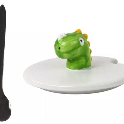 Mėlynas keramikinis puodelis su dinozauru, dangteliu ir šaukšteliu, 350 ml