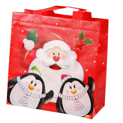Raudonas dovanų maišelis „Santa and Penguins“, 22 cm x 22 cm x 11 cm