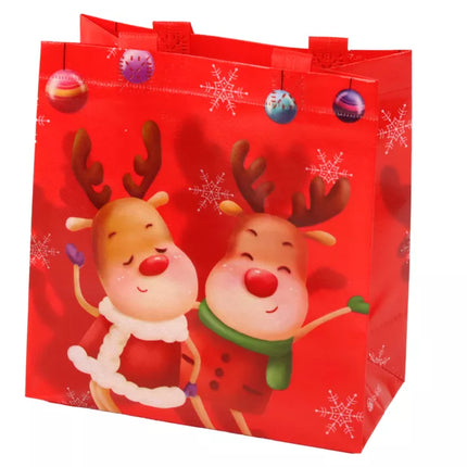 Raudonas dovanų maišelis su elniu, 23 cm x 21,5 cm x 11 cm