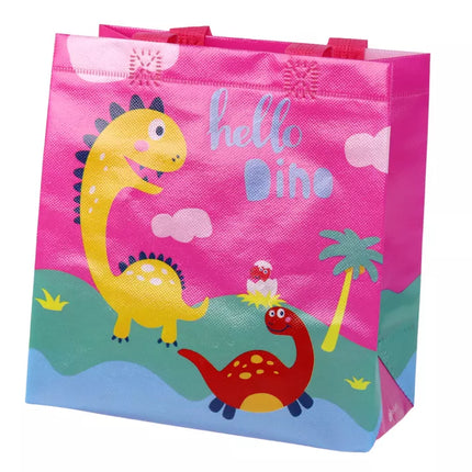 Rožinis dovanų maišelis su dinozaurais, 23 cm x 21,5 cm x 11 cm
