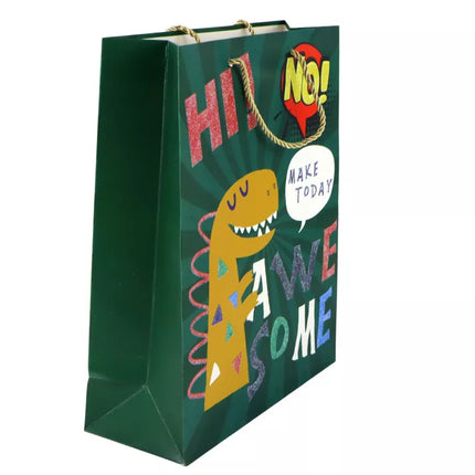 Popierinis dovanų maišelis „Žalias dinozauras“, 32 cm x 26 cm x 10 cm