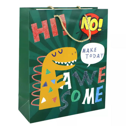 Žalias dinozauro popierinis dovanų maišelis, 41,5 cm x 30 cm x 12 cm