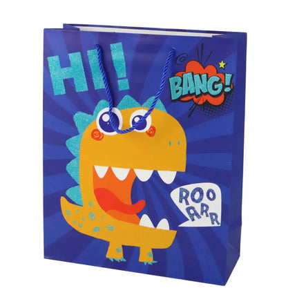 Mėlynas dovanų maišelis „Blue Dinosaur“ iš popieriaus, 41,5 cm x 30 cm x 12 cm