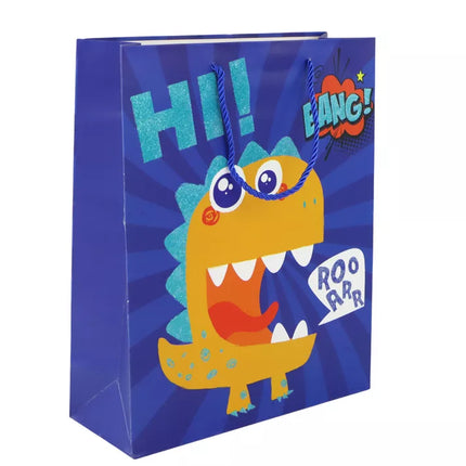 Mėlynas dovanų maišelis „Blue Dinosaur“ iš popieriaus, 41,5 cm x 30 cm x 12 cm