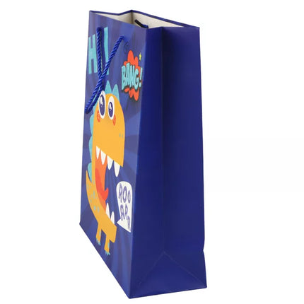 Mėlynas dovanų maišelis „Blue Dinosaur“ iš popieriaus, 41,5 cm x 30 cm x 12 cm