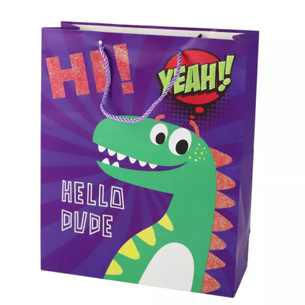 Violetinis dinozauras popierinis dovanų maišelis 41,5 cm x 30 cm x 12 cm