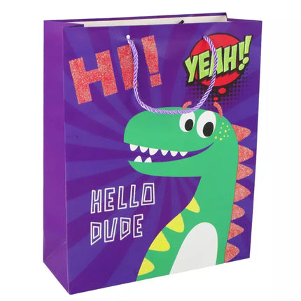 Violetinis dinozauras popierinis dovanų maišelis 41,5 cm x 30 cm x 12 cm