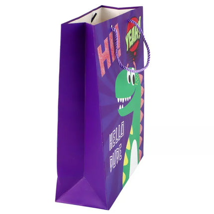 Violetinis dinozauras popierinis dovanų maišelis 41,5 cm x 30 cm x 12 cm