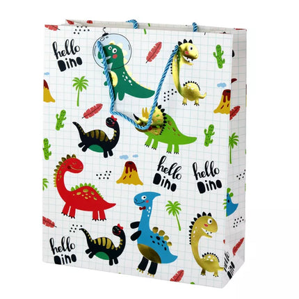 Baltas languotas popierinis dovanų maišelis su dinozaurais, 32 cm x 26 cm x 10 cm