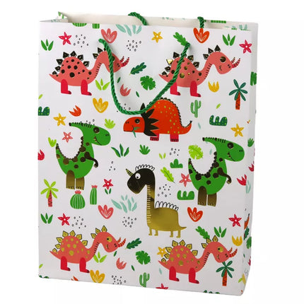 Popierinis dovanų maišelis, spalvingi dinozaurai, palmės, 32 cm x 26 cm x 10 cm