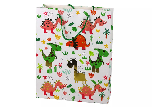 Popierinis dovanų maišelis, spalvingi dinozaurai, palmės, 32 cm x 26 cm x 10 cm