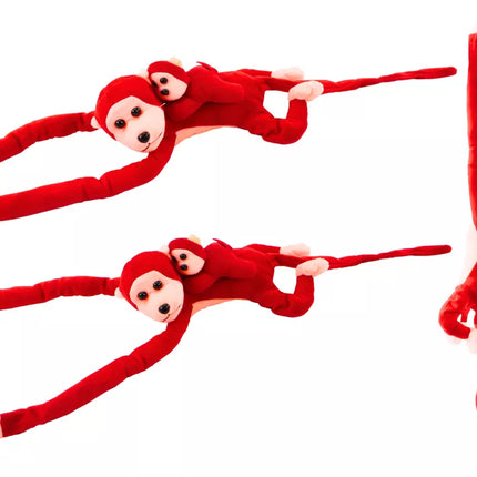 Minkštas beždžionės talismanas su kūdikiu, raudonas, 70 cm