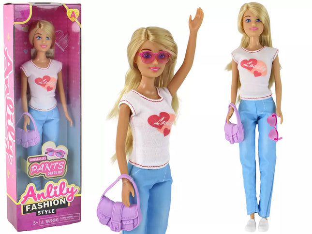 Anlily lėlė vaikams ilgais šviesiais plaukais Rankinė Akiniai Baltas sijonas