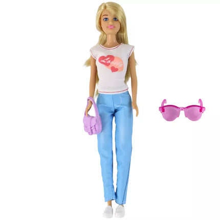 Anlily lėlė vaikams ilgais šviesiais plaukais Rankinė Akiniai Baltas sijonas