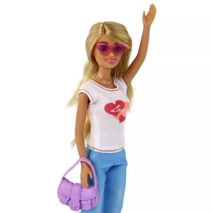 Anlily lėlė vaikams ilgais šviesiais plaukais Rankinė Akiniai Baltas sijonas