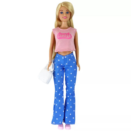 Anlily lėlė vaikams, ilgais šviesiais plaukais, su rankine, akiniais, rožine palaidine