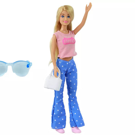 Anlily lėlė vaikams, ilgais šviesiais plaukais, su rankine, akiniais, rožine palaidine