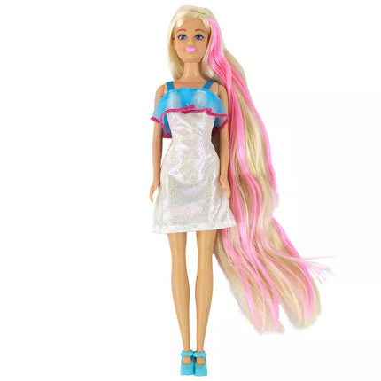 Anlily lėlės ilgais šviesiais plaukais, šukuosenų modeliavimas